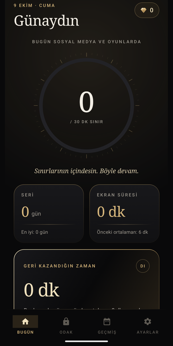 Offlayn Today screen: daily time ring, streak and gem counter