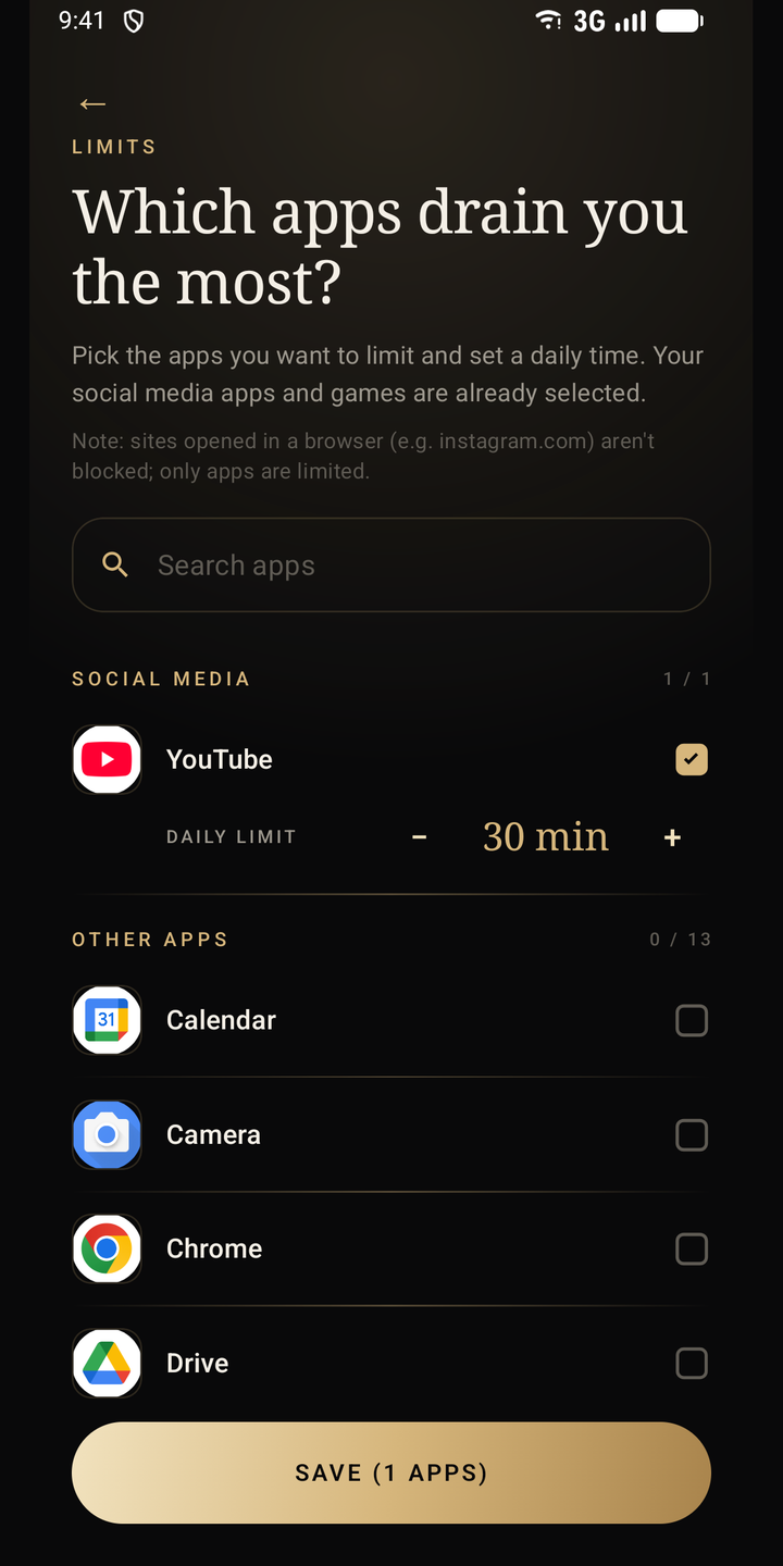 Limits screen: choosing apps and daily time